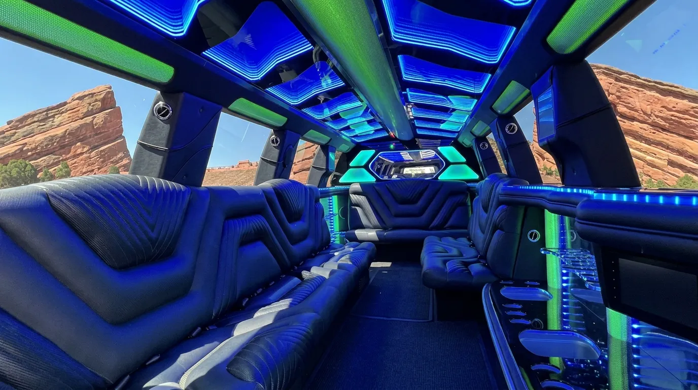 Inside the Chevy Suburban limo in Colorado: LED light-show ceiling, leather lounge seating and lit bar