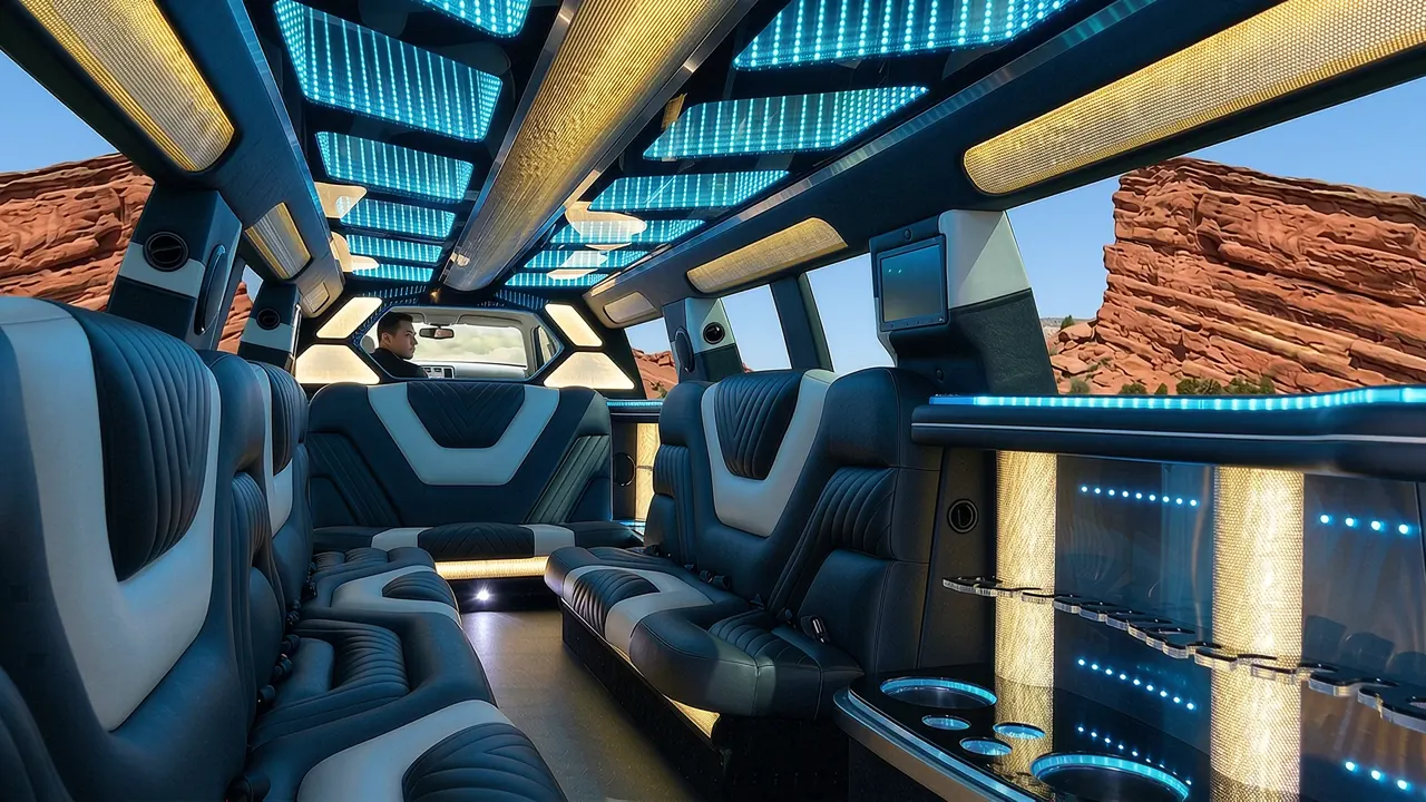 Inside the Mercedes GLS limo in Colorado: LED light-show ceiling, leather lounge seating and lit bar